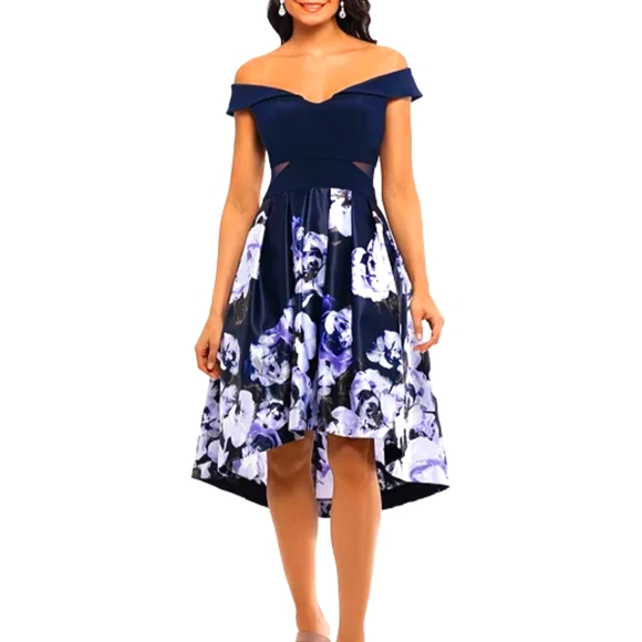XSCAPE Off-The-Shoulder Floral Skirt Dark Blue and Purple High Low Dress sz 10 - Picture 2 of 11